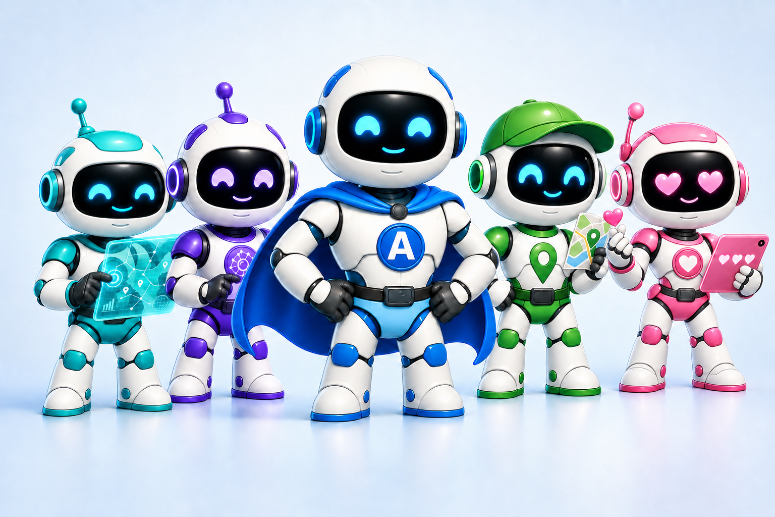 Grid, Signal, Atlas, Local, and Echo standing together as a coordinated AI SEO team