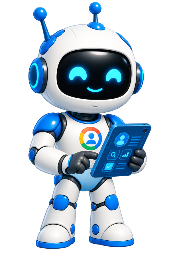 Beacon, a blue AI Google Business Profile specialist with antennae and a profile tablet