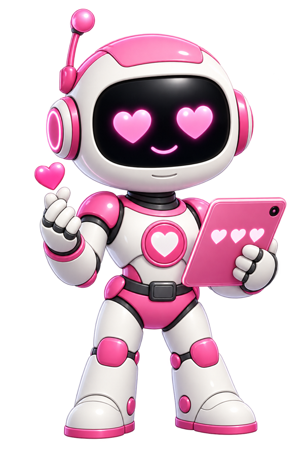 Echo, a pink AI reputation specialist with heart eyes and review tablet