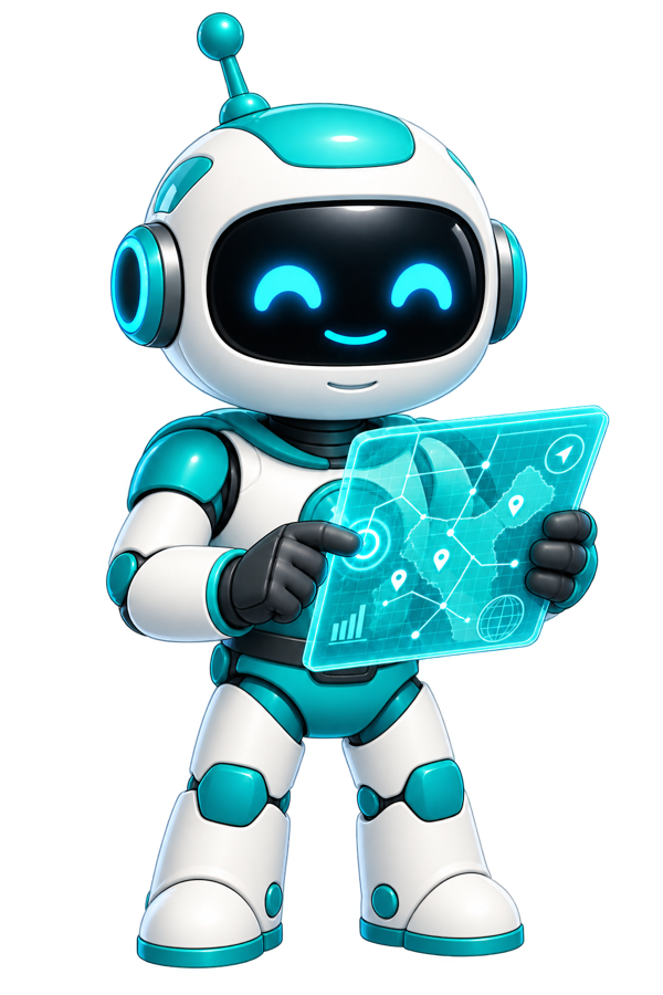 Grid, a teal AI local rank analyst with a geographic grid tablet
