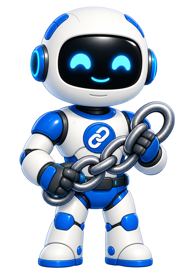Link, a blue AI internal authority specialist holding a chain