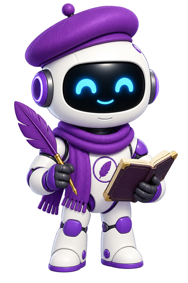 Quill, a purple AI content strategist with a beret, book, and quill