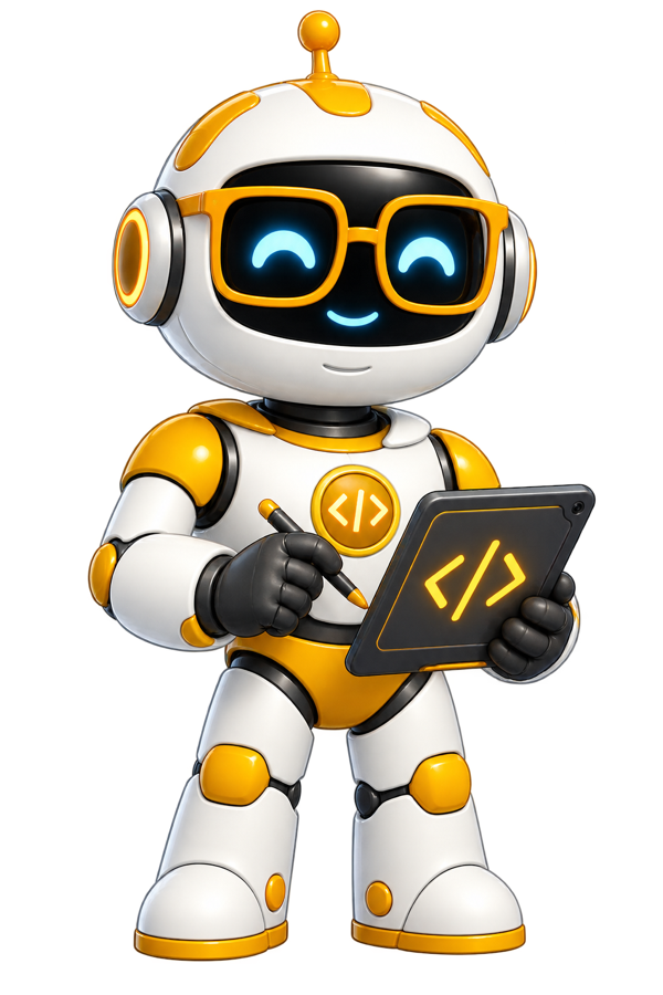 Schema, a gold AI structured data specialist with code glasses and tablet