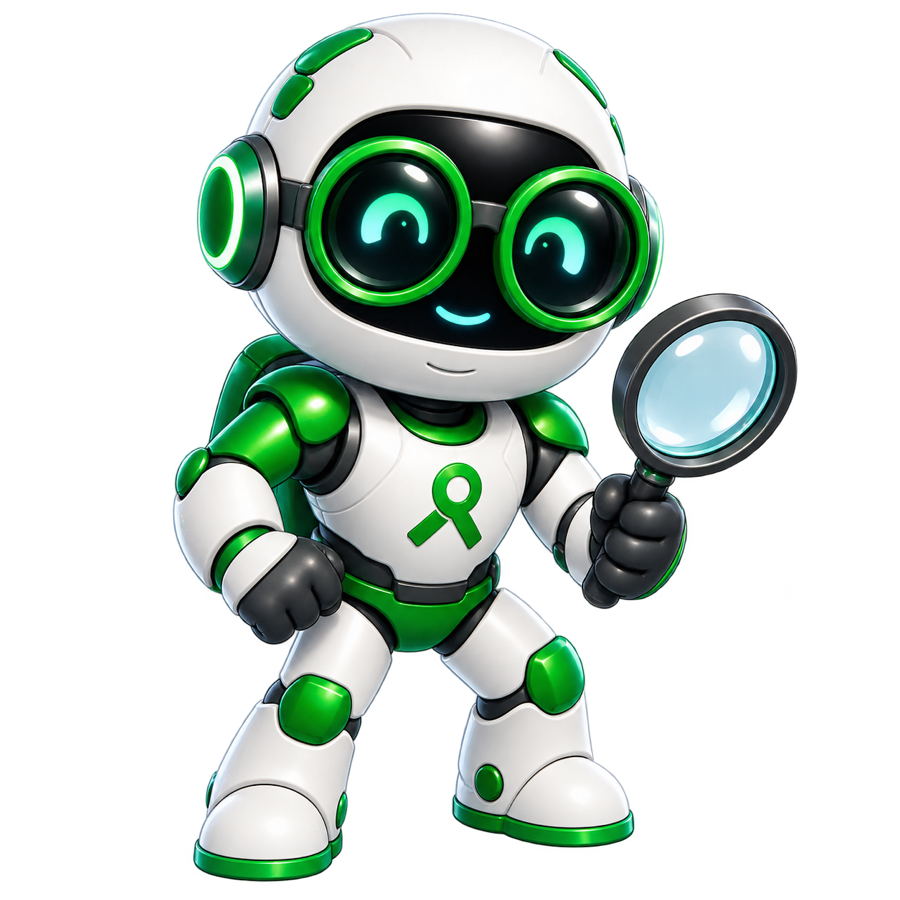 Scout, a green AI keyword strategist with goggles and a magnifying glass