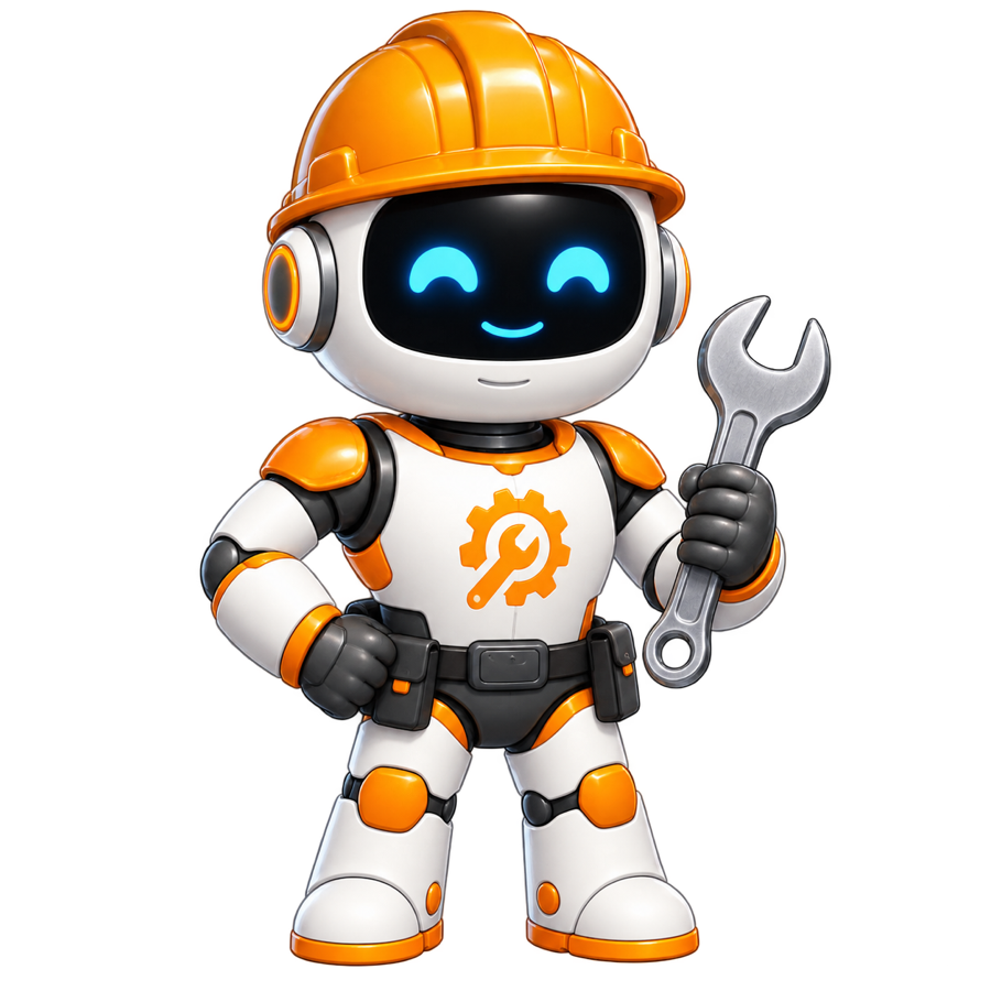 Wrench, an orange AI technical SEO engineer with a hard hat and wrench