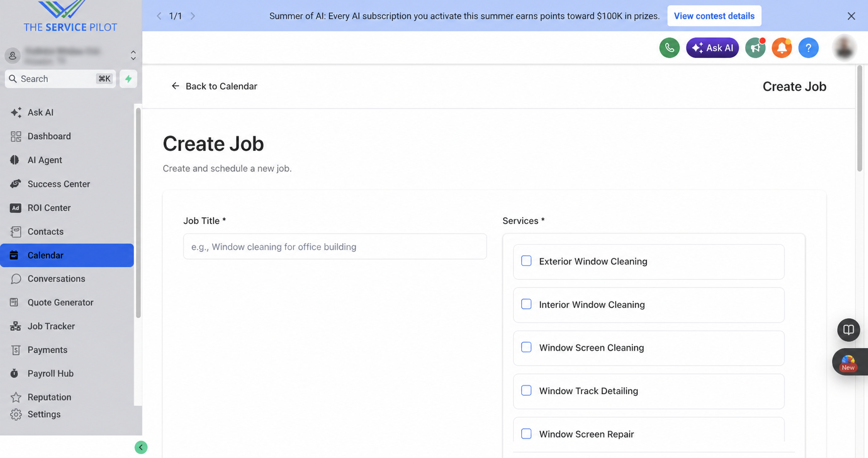 Create Job service selection screen