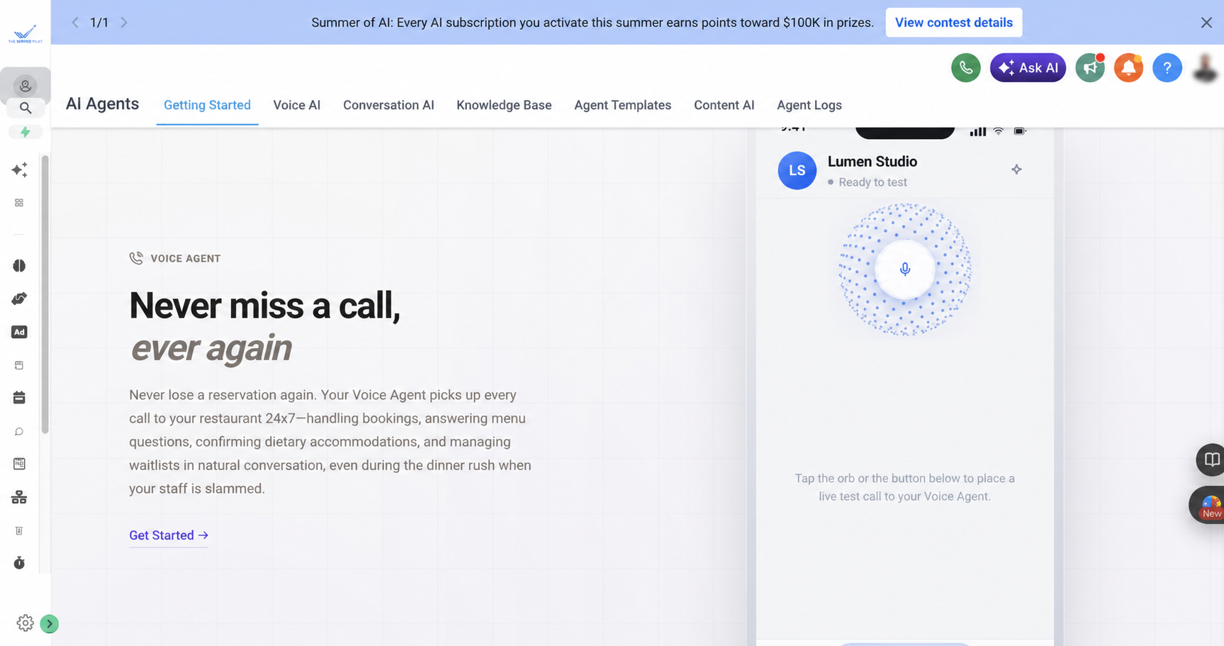 The Service Pilot AI Voice test call experience