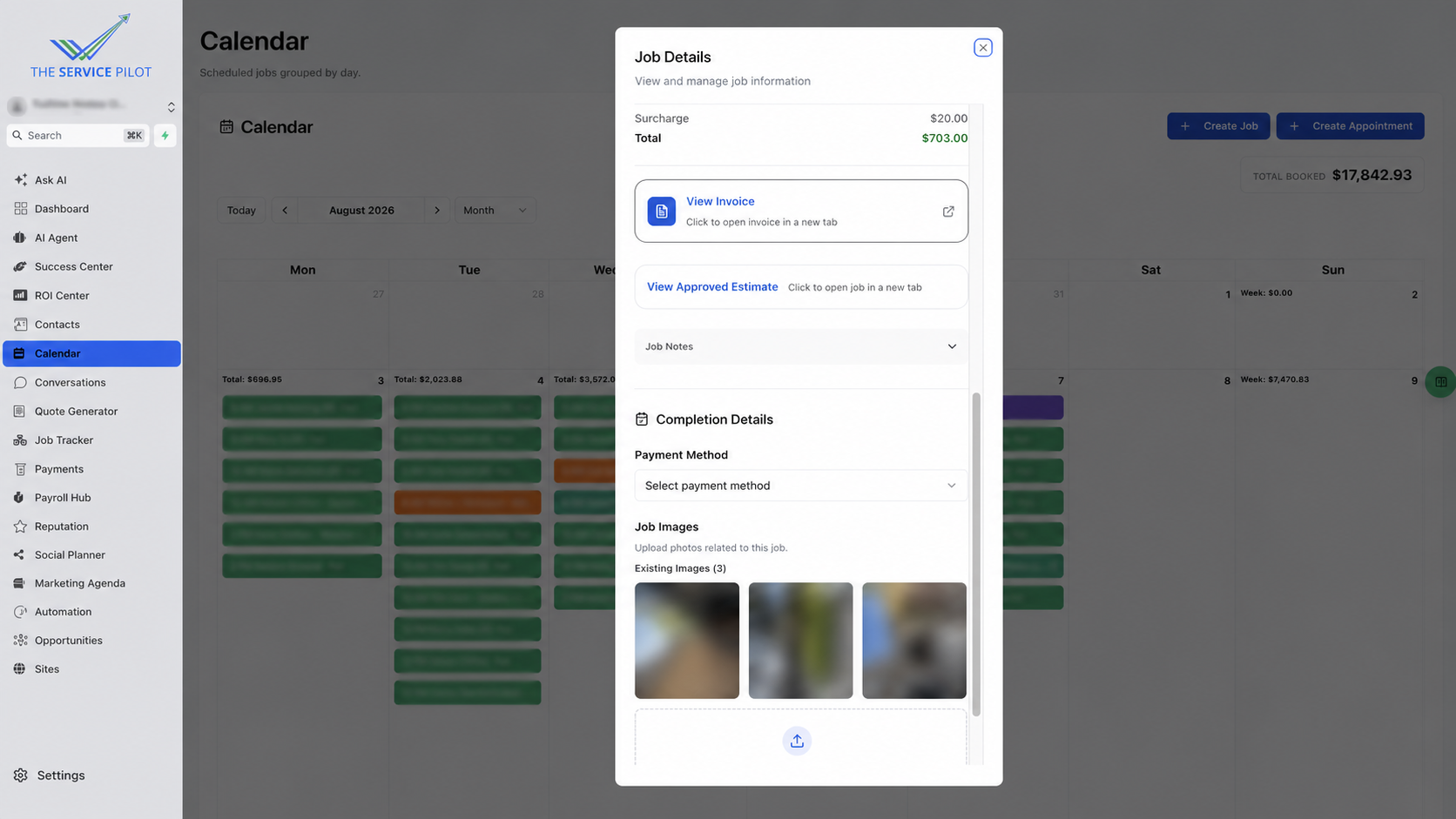 Privacy-safe job invoice, approved estimate, completion, and photo controls