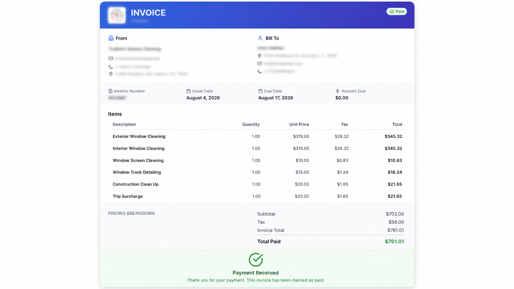 Privacy-safe paid service invoice