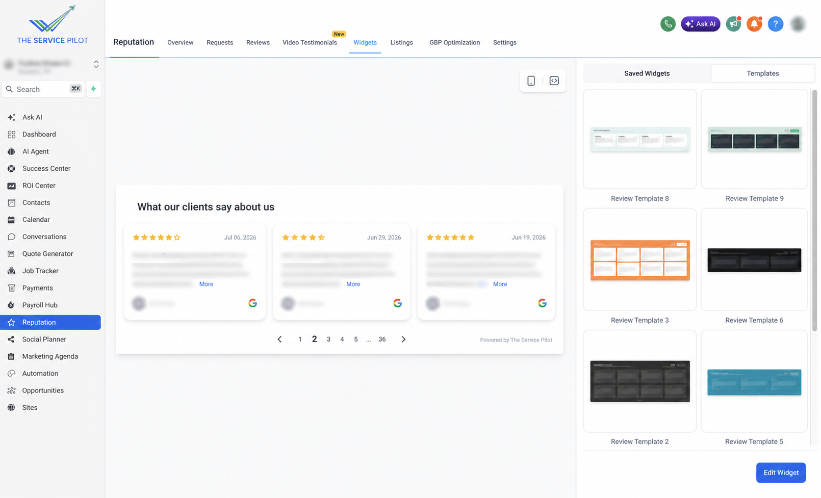 Privacy-safe website review widget and template gallery