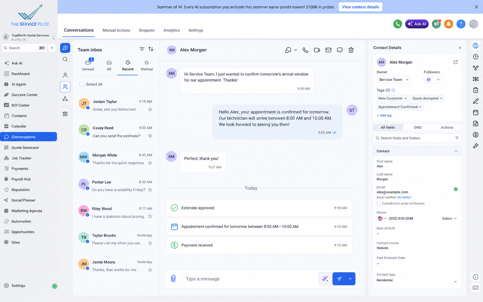 Service Pilot conversations inbox shown with fictional sample customer messages