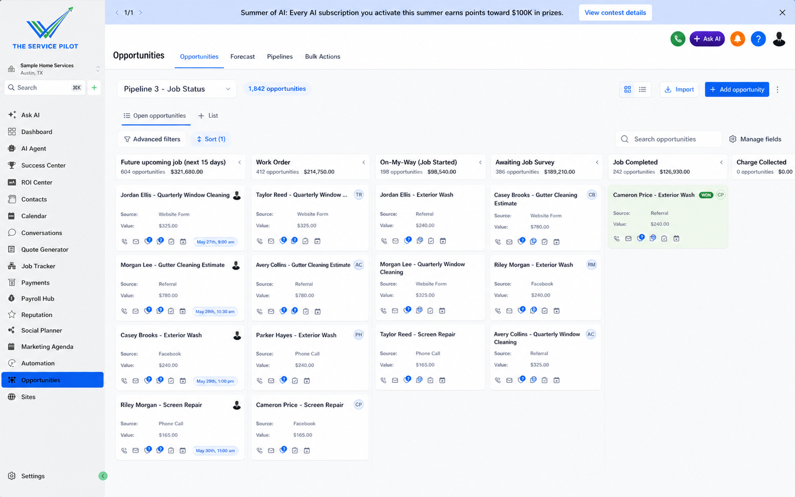 Service Pilot opportunities board shown with readable fictional customer, job, and pipeline data