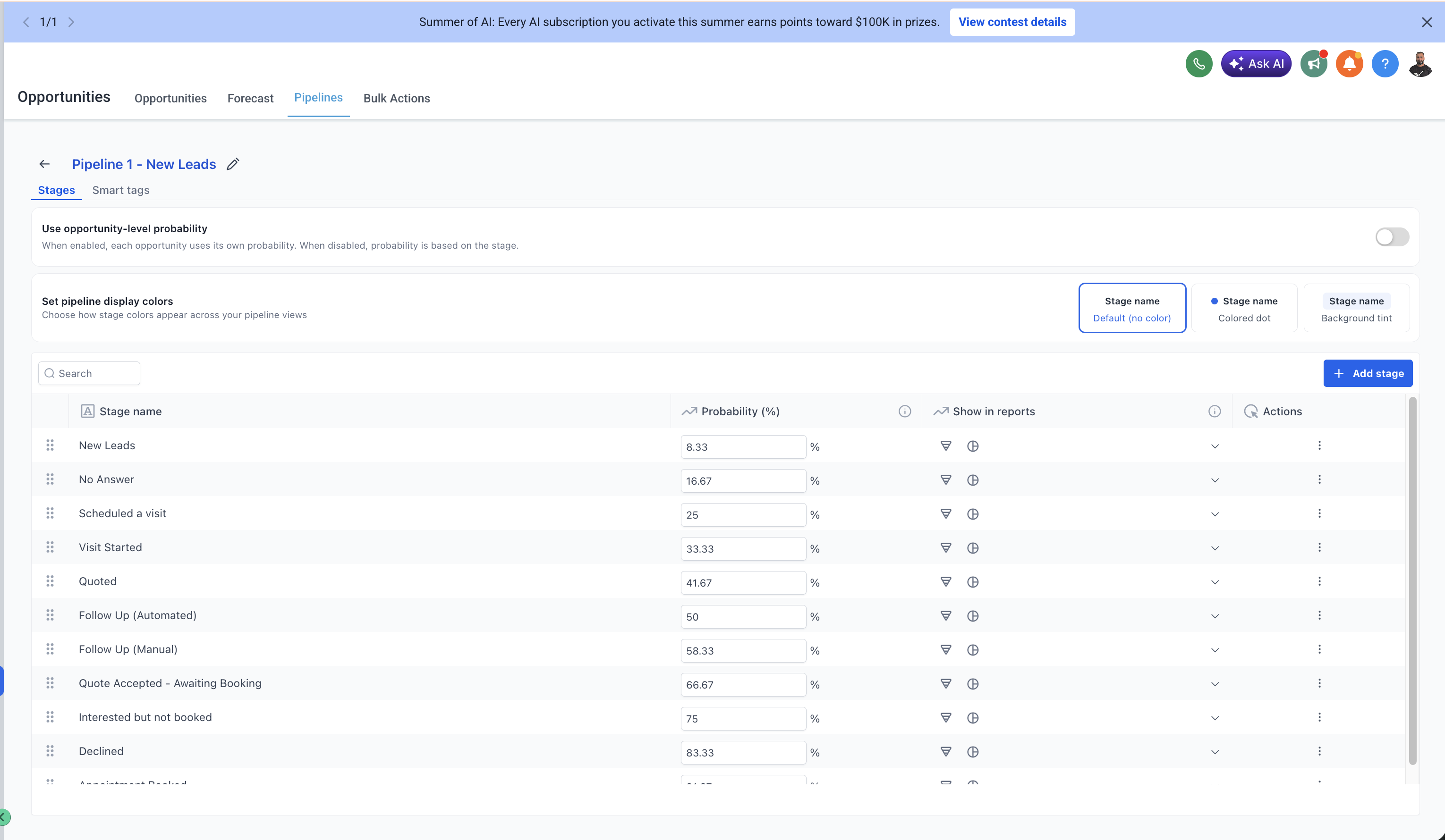 Service Pilot pipeline stage and probability settings