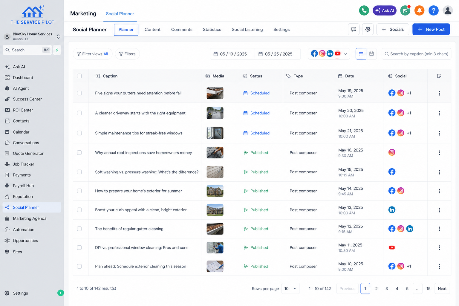 Service Pilot Social Planner shown with fictional sample posts and accounts