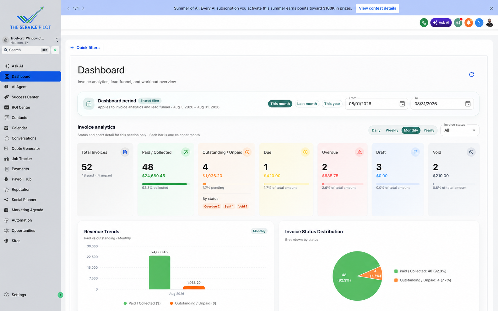 Service Pilot invoice analytics dashboard shown with fictional financial figures