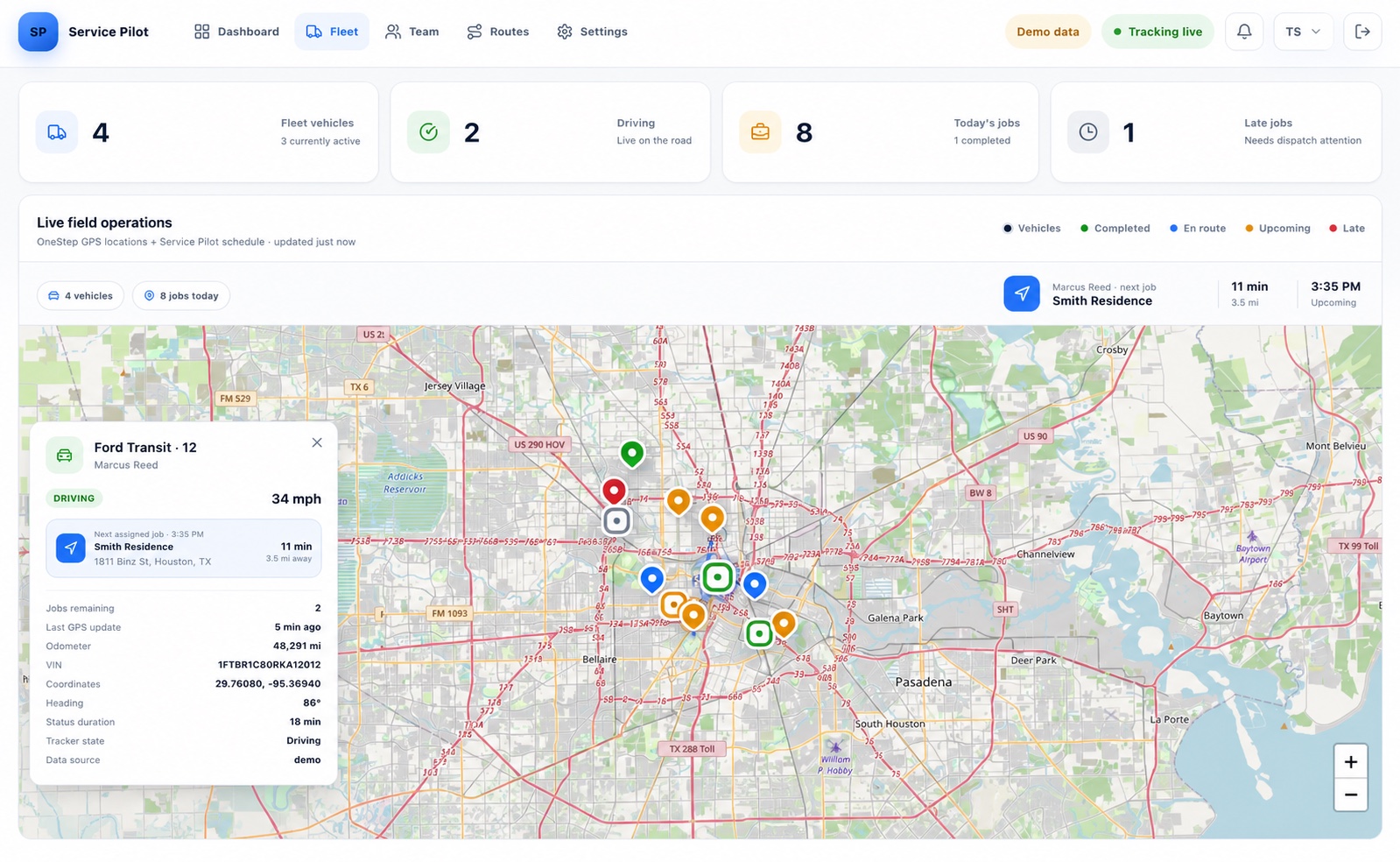 Planned Fleet Center map using fictional service vehicles, job locations, and dispatch information