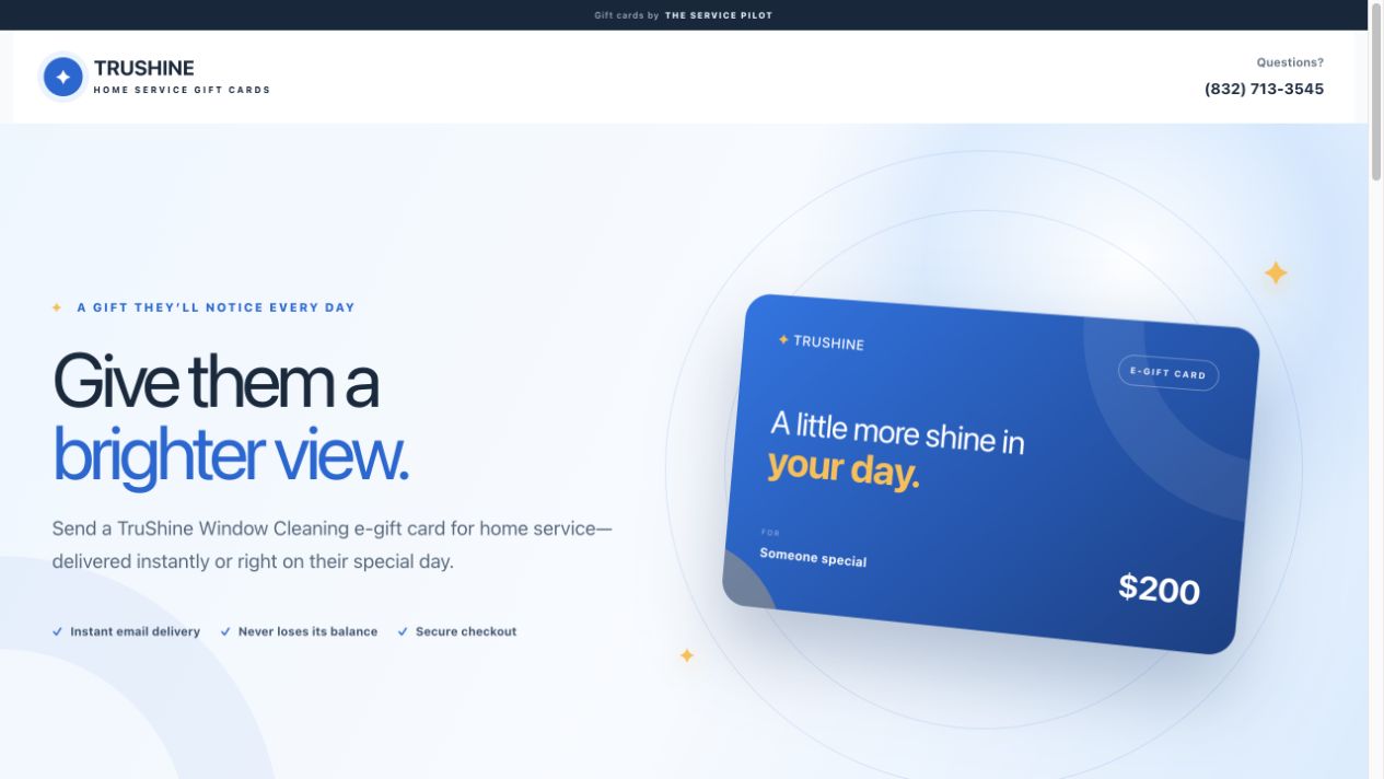 Preview of The Service Pilot branded digital gift card storefront using fictional demo data