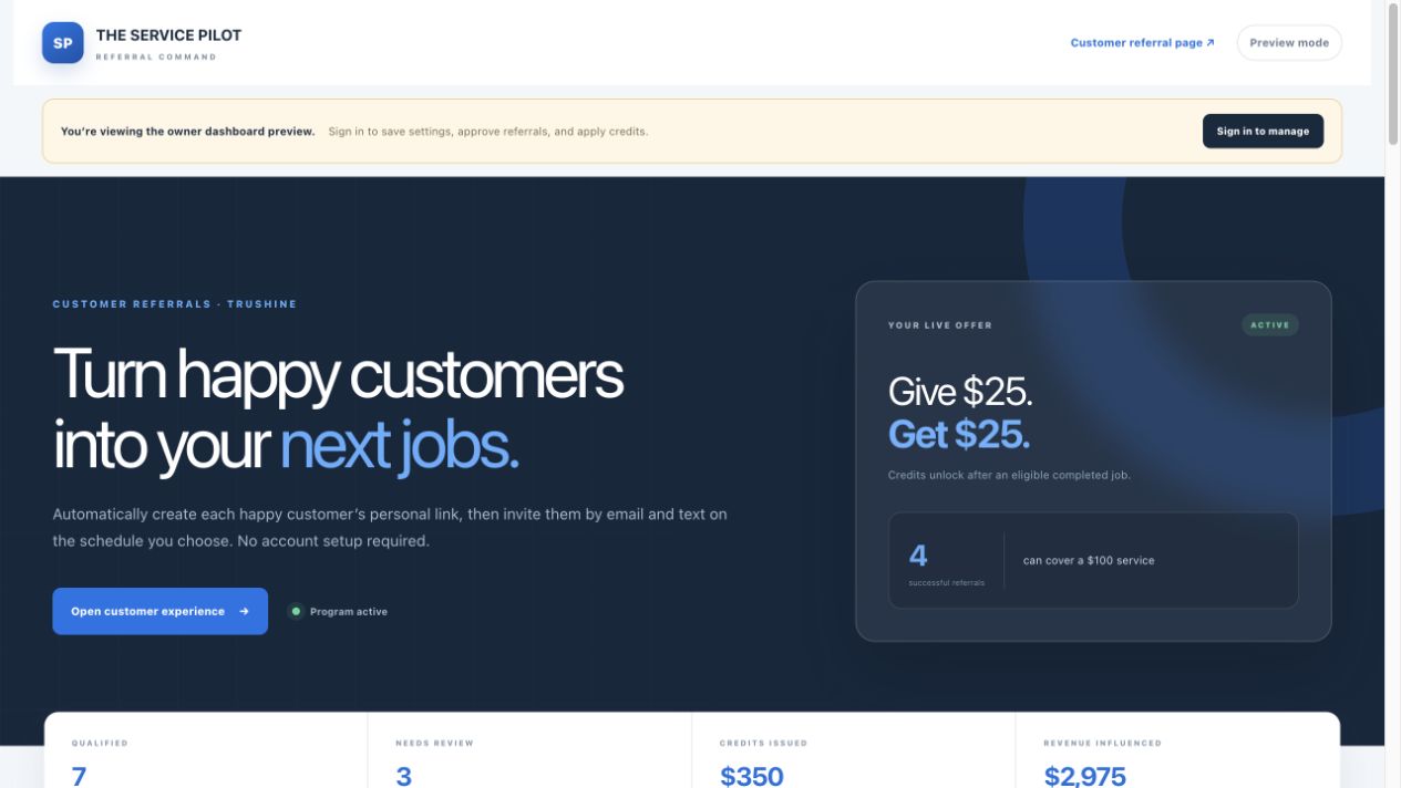 Preview of The Service Pilot customer referral program dashboard using fictional demo data