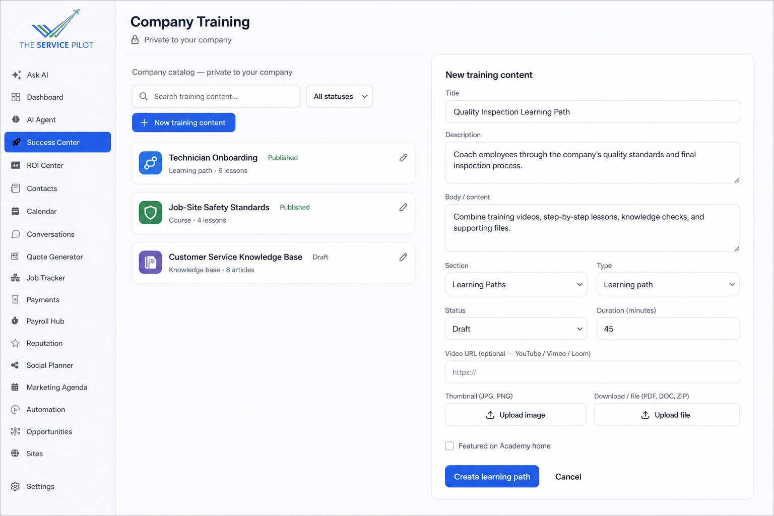 Privacy-safe Service Pilot company training builder showing courses, knowledge-base content, and a learning path form