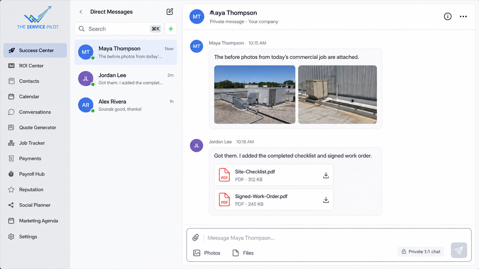 Fictional same-company Service Pilot private team conversation showing photo and PDF file sharing