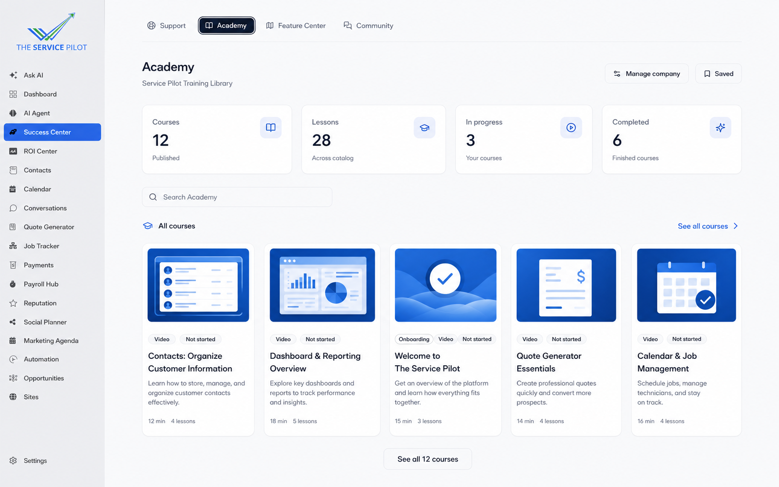 Privacy-safe Service Pilot Academy showing product training courses, lessons, and progress