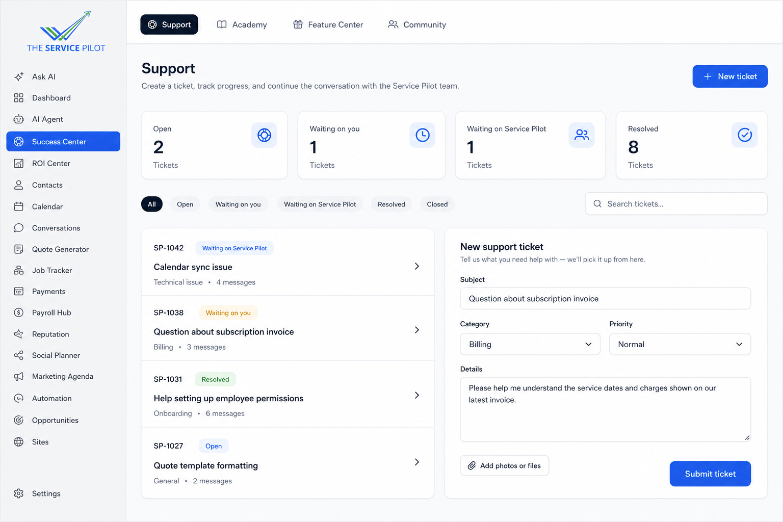 Privacy-safe Service Pilot Support form for submitting a billing, technical, onboarding, or general help ticket