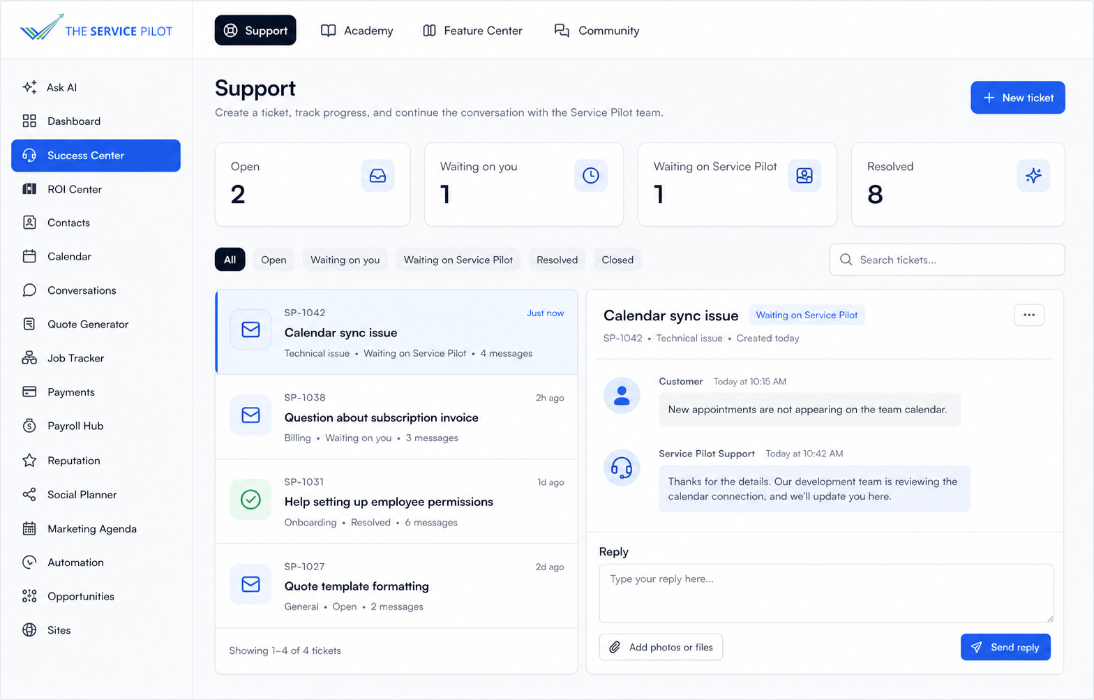 Privacy-safe Service Pilot Support workspace showing ticket statuses and a conversation with the support team