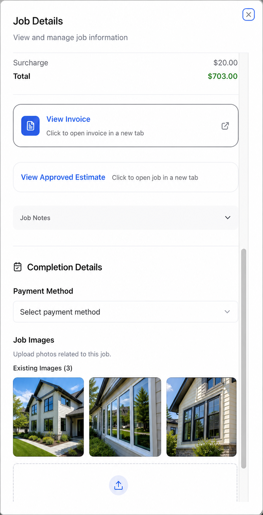 Service job details with completed-job photos of a beautiful home and clean windows inside The Service Pilot calendar