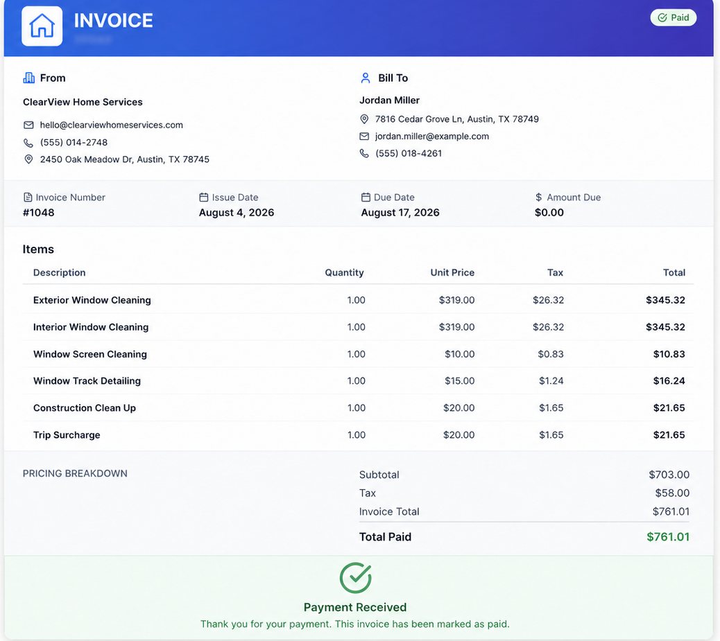 A paid service invoice generated by The Service Pilot using fictional business and customer information