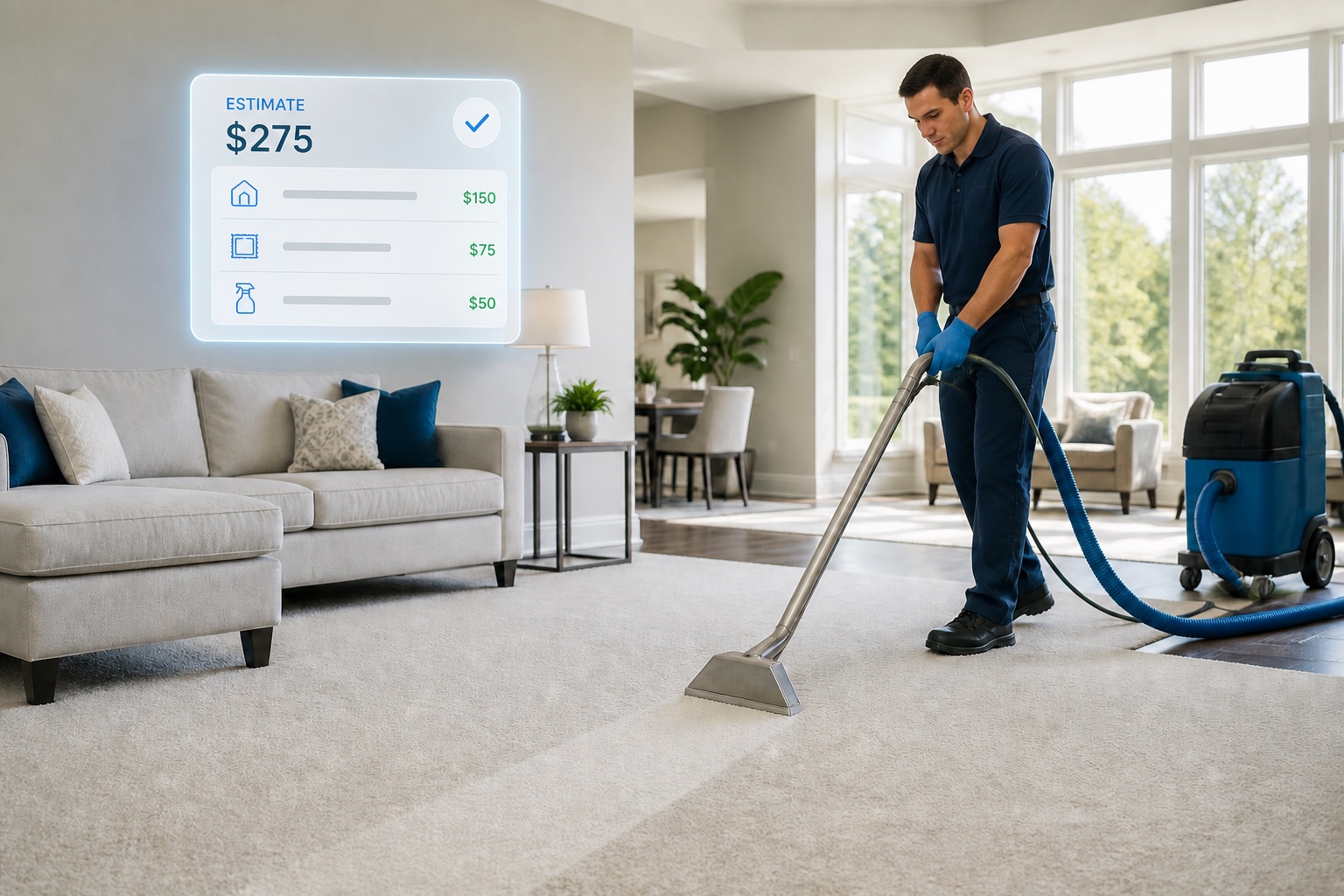 Professional carpet cleaning technician working in a bright living room