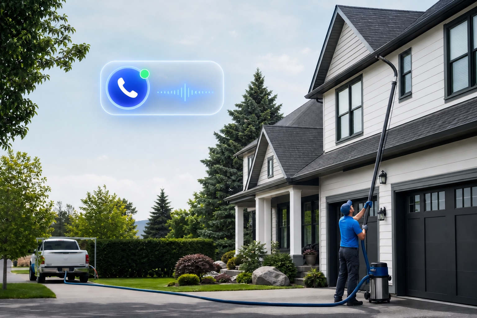 Gutter cleaning technician with an illuminated AI receptionist call icon