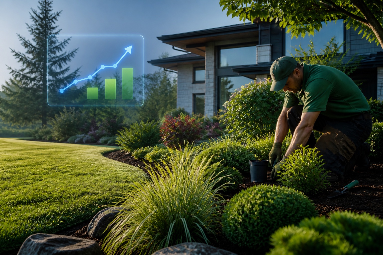Professional landscaper maintaining a residential property