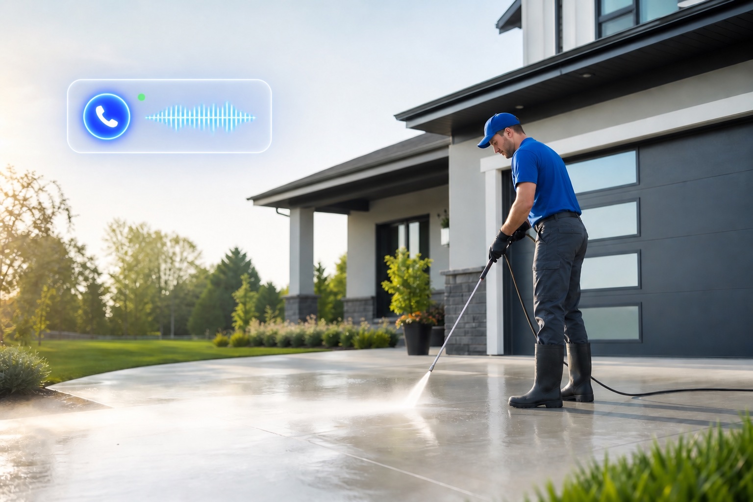 Pressure washing technician with an illuminated AI receptionist call icon