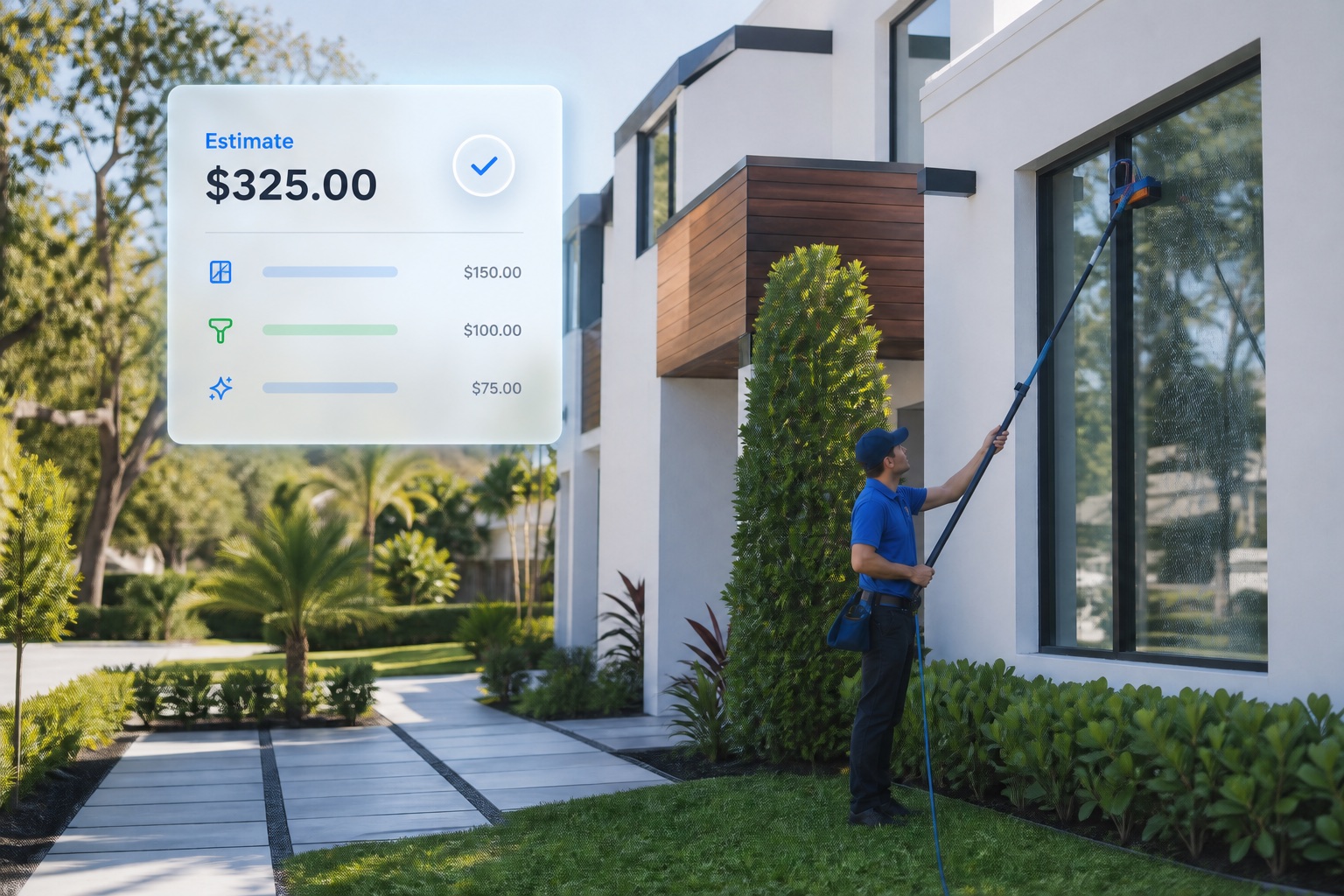 Window cleaning technician with an illuminated Service Pilot estimate