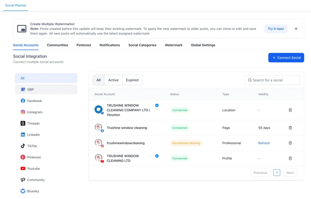 the service pilot social planner setting page